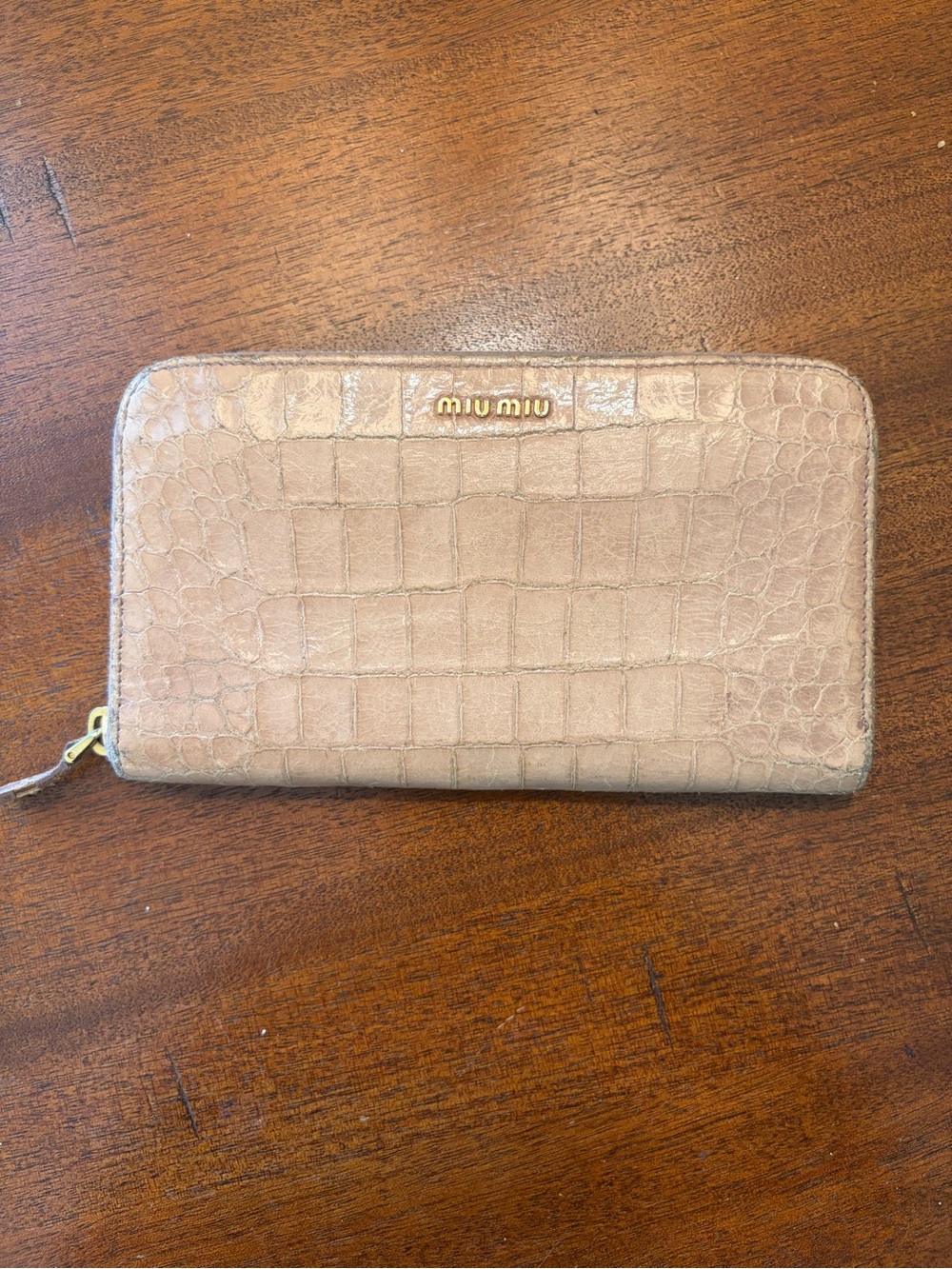 Miu Miu Croc-Embossed Zip Around Wallet in Nude Pink